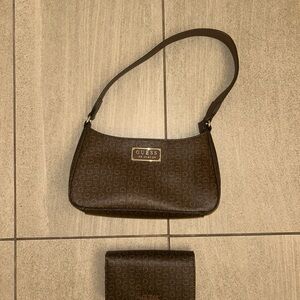 GUESS Brown Monogram Canvas Shoulder Bag